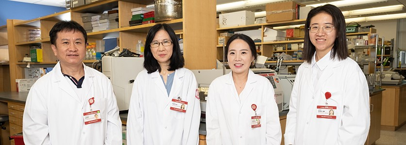 Dr. Hongwu Zheng, Dr. Jihye Paik, Dr. Jayoung Jang, Dr. Yizhe Wang. Image courtesy of Dr. Jihye Paik. a group of researchers in a lab