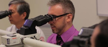 Researcher lookin into a telescope